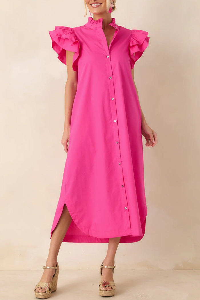Ruffle Button-Front Pocket Midi Dress