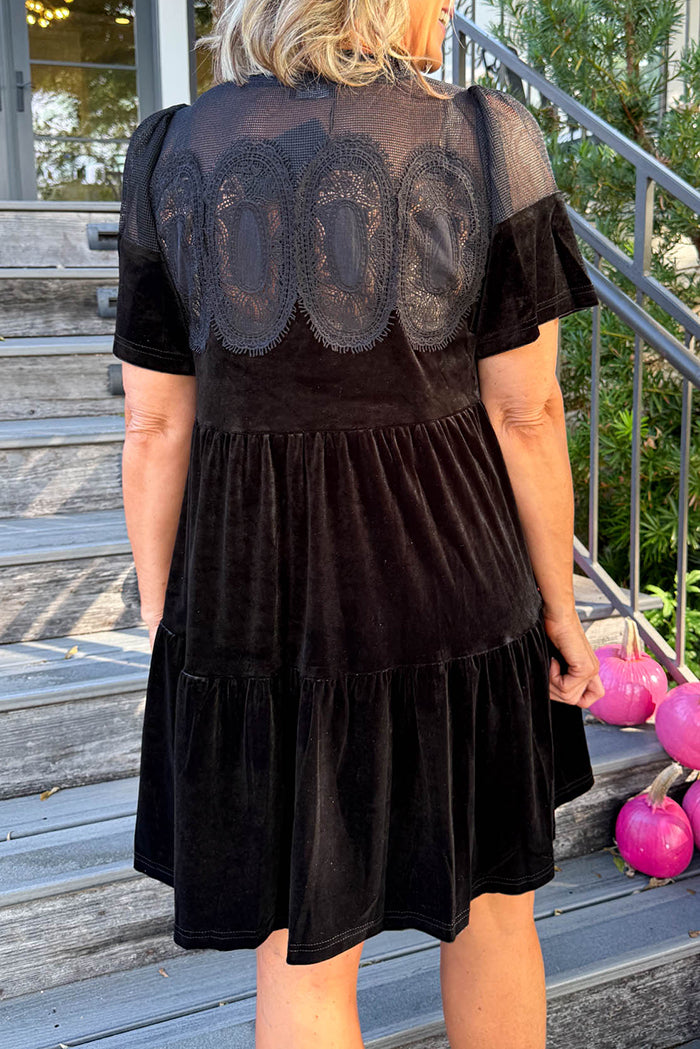 Lace Sheer-Yoke Velvet Shift Dress