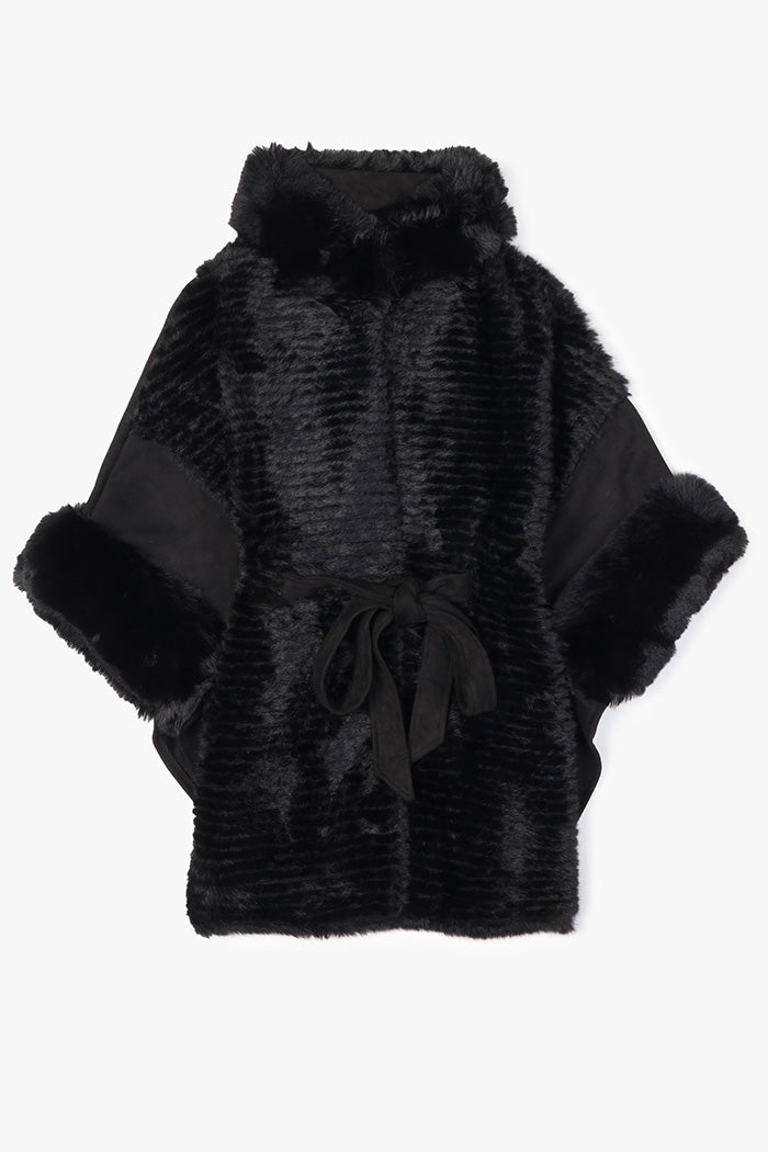Ribbed Faux Fur Trim Belted Cape
