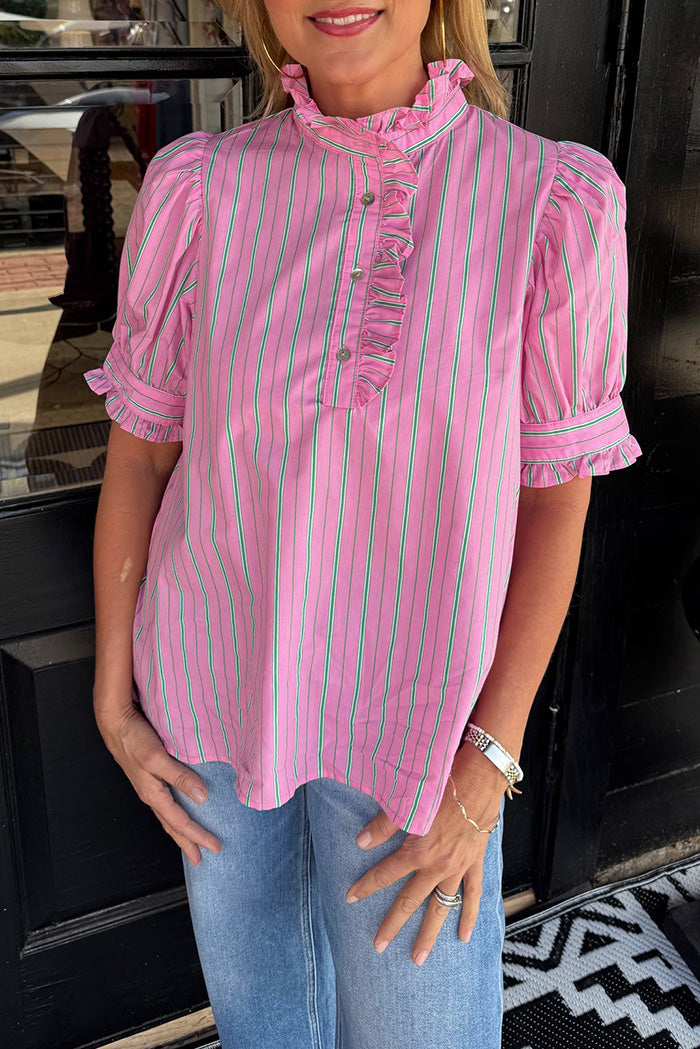 Pink Striped Ruffled Puff Sleeve Top