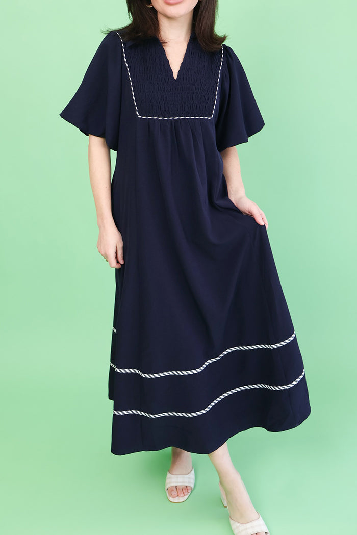 Smocked Puff Sleeve Pocket Midi Dress