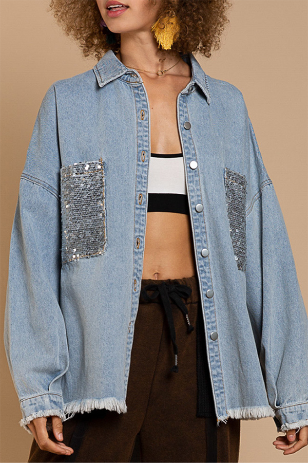 Sequin Patch Pocket Denim Jacket