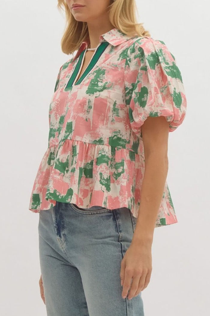 V-Neck Puff Sleeve Ruffle Top