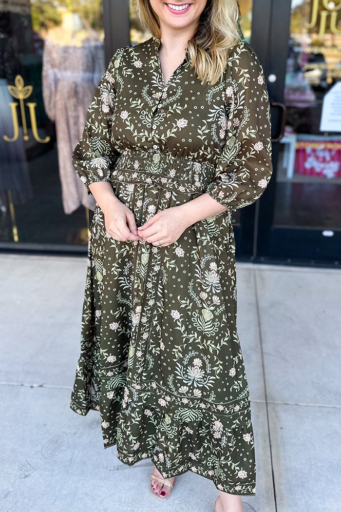 V-Neck Floral Pocket Midi Dress
