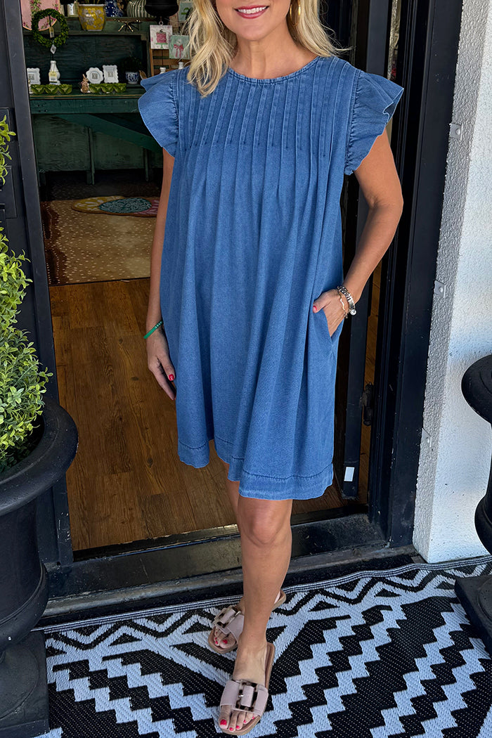 Denim Flutter Sleeve Pleated Pocket Dress