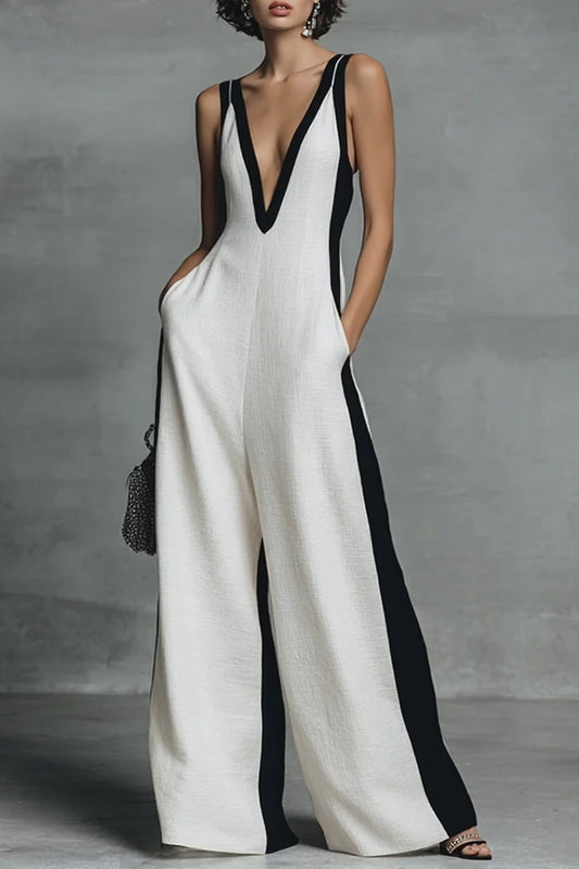 Deep V Color Block Pocket Jumpsuit