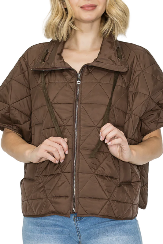 Zip-Up Short Sleeves Pocket Puffer Jacket