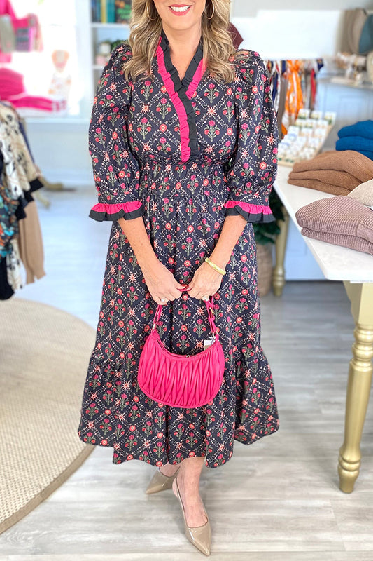 Pocketed Floral Print 3/4 Puff Sleeve Midi Dress