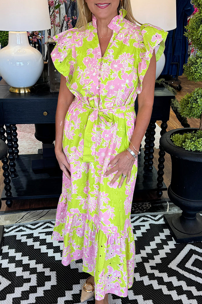 Floral Flutter Sleeve Belted Maxi Dress