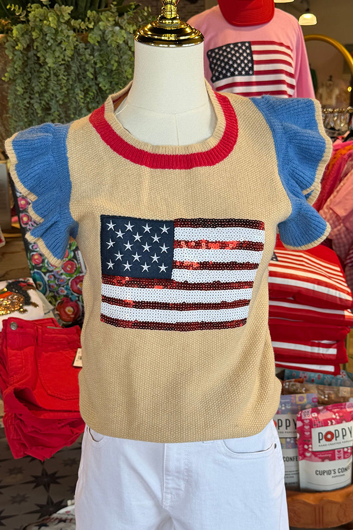 Flag Patch Ruffle Sleeve Knit Top