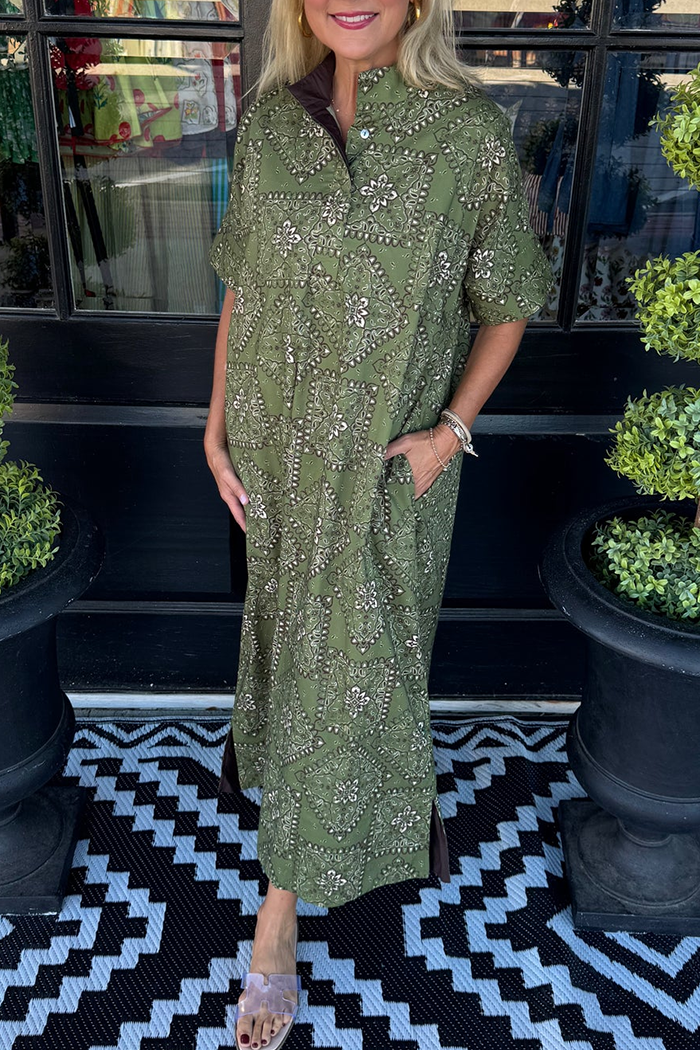 Olive Bandana Print Pockets Maxi Dress