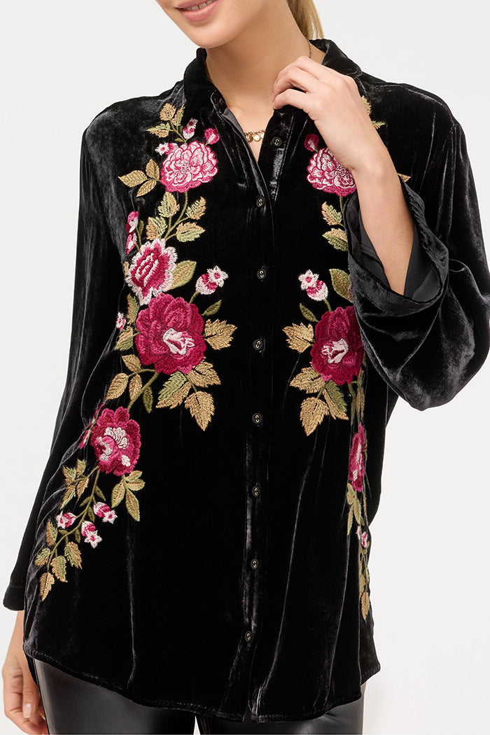 Velvet Rose Embroidery Button Top