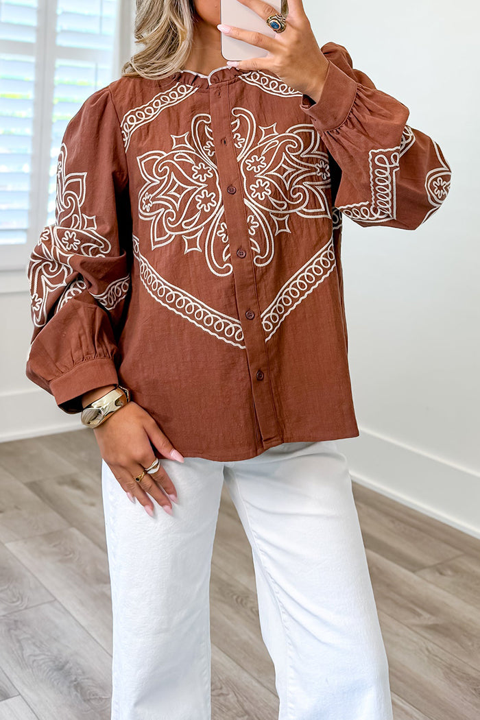 Embroidered Ruffled  Button-Down Blouse