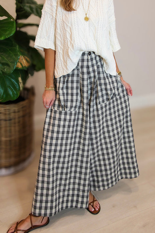 Checker Print Pocketed Wide Leg Pants