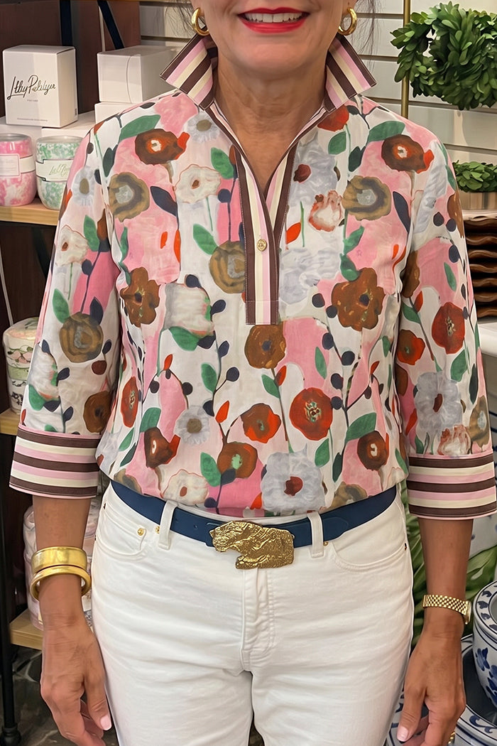 Abstract Floral Cuff Trim Popover Top