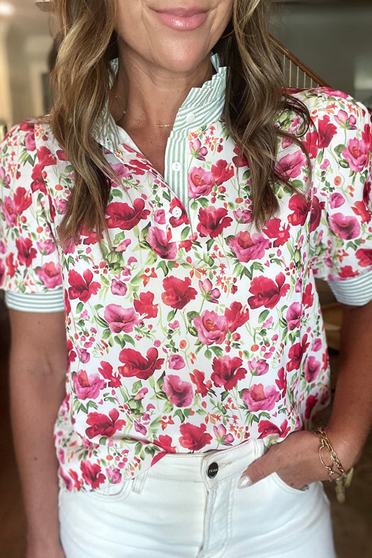 Striped Pleated Collar Floral Top