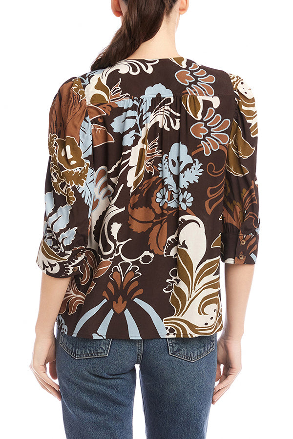 Shirred Sleeve Button-Up Top