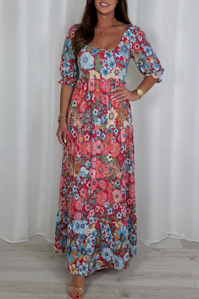 Floral Puff Sleeve Tiered Maxi Dress