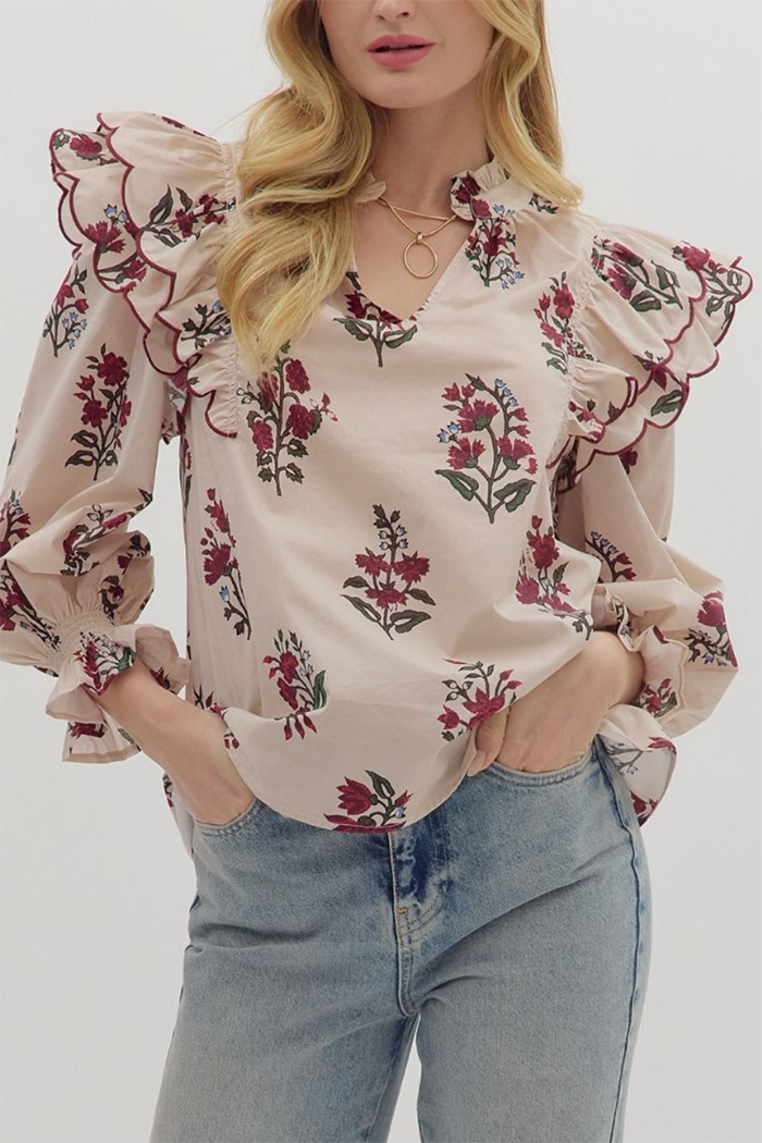 Scallop Edge Floral Ruffle Blouse