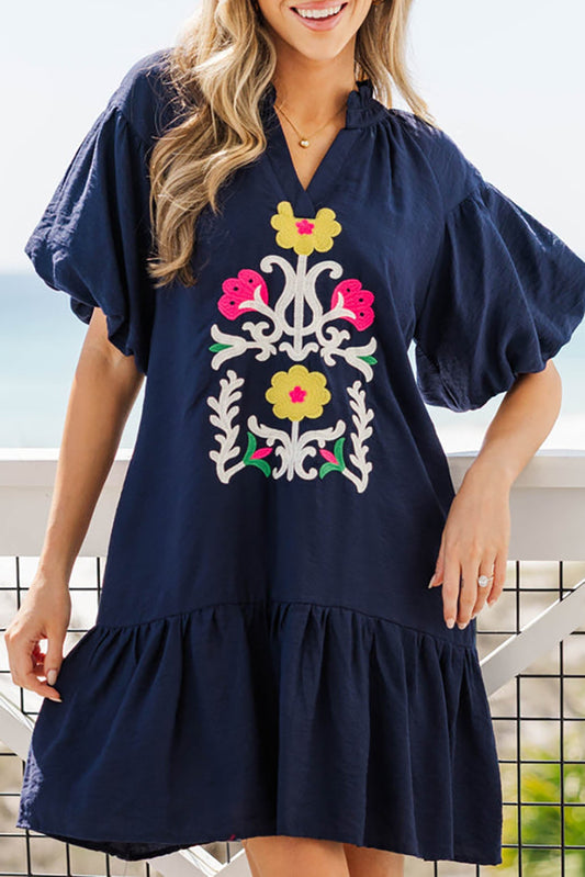 Floral Puff Sleeve Ruffle Hem Dress