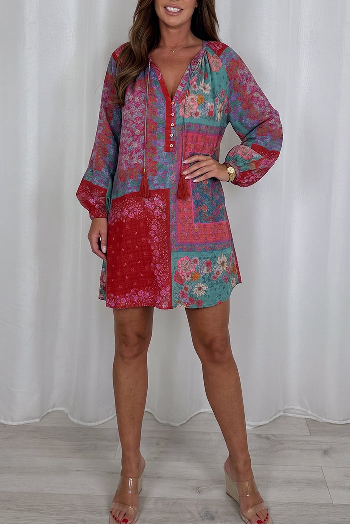 Floral Patchwork Long Sleeve Tunic Dress