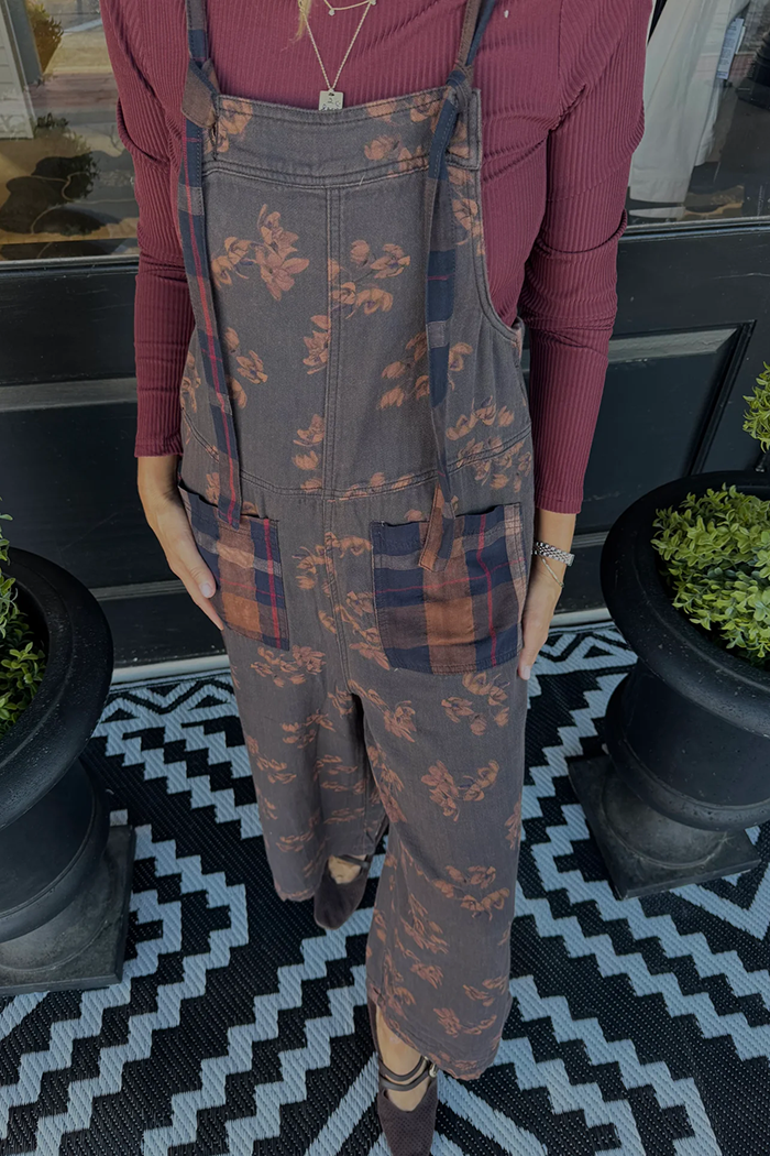 Vintage Floral Print Pocket Overalls