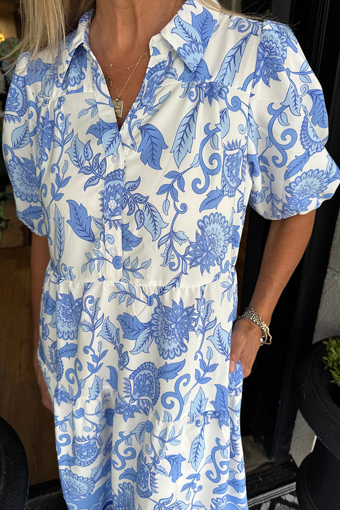 Puff Sleeve Printed Pocket Dress