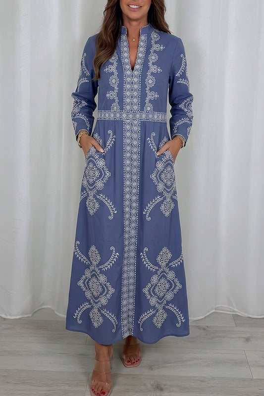 Slate Blue Long Sleeve Floral Pocket Maxi Dress