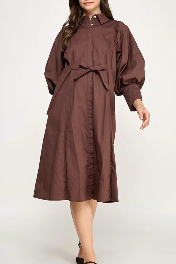 Casual Puff Sleeve Belt Dress