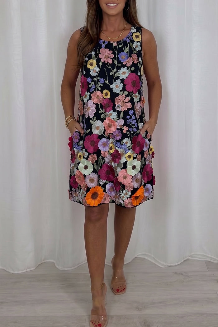 Multi Floral Pocketed Sleeveless Dress