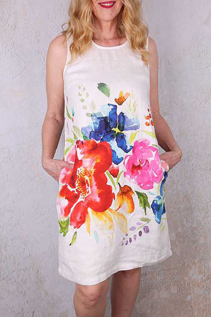 Round Neck Sleeveless Floral Pocket Dress