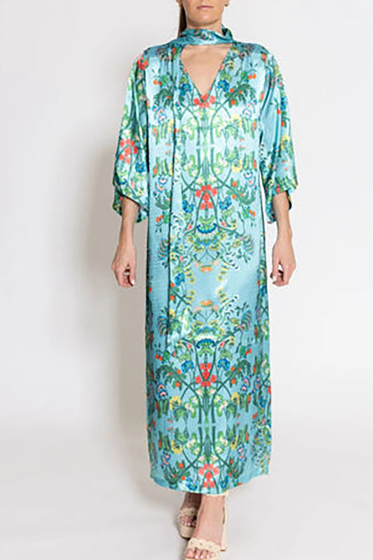 Cerulean Blue Floral Caftan Dress