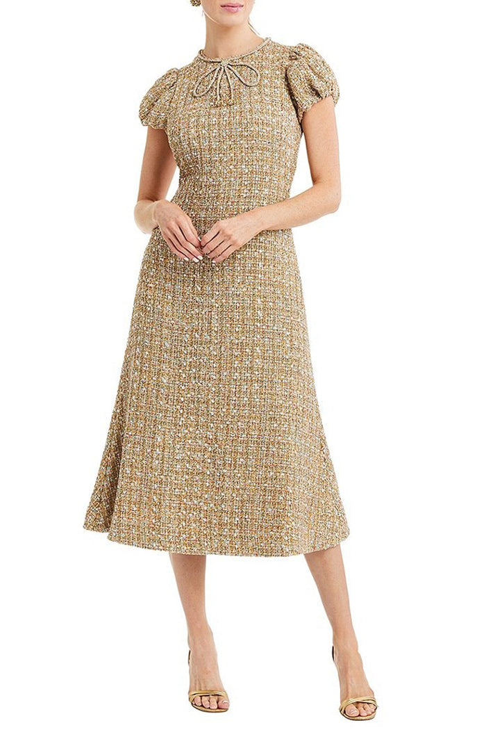 Tweed Rhinestone Bow Puff-Sleeve Midi Dress