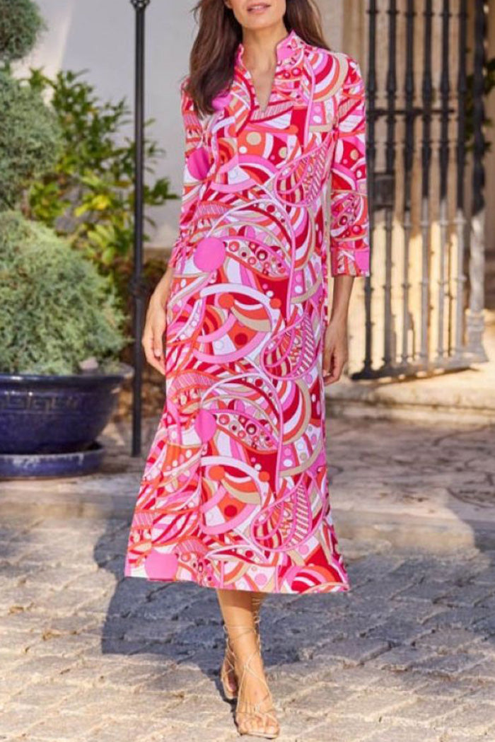 3/4 Sleeve Pink Abstract Midi Dress