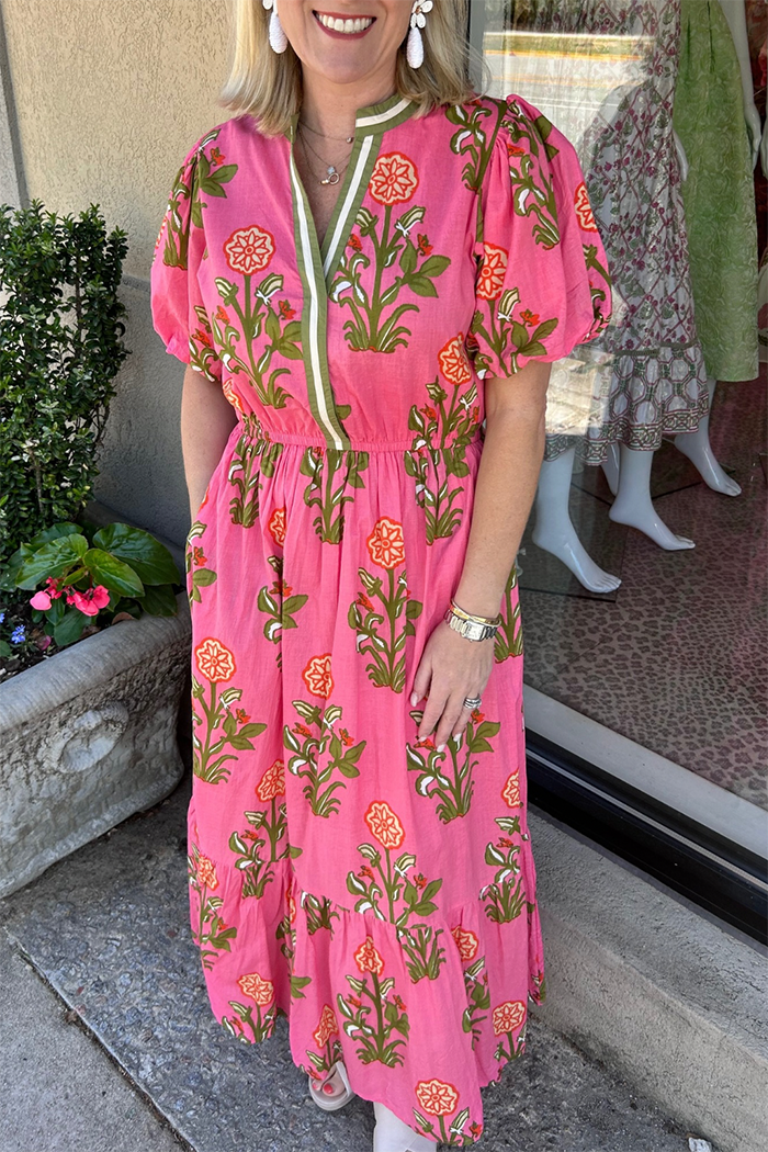 Striped Collar Puff Sleeves Pocket Floral Dress