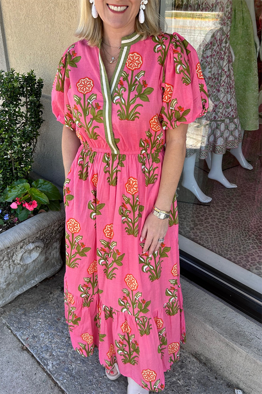 Striped Collar Puff Sleeves Pocket Floral Dress