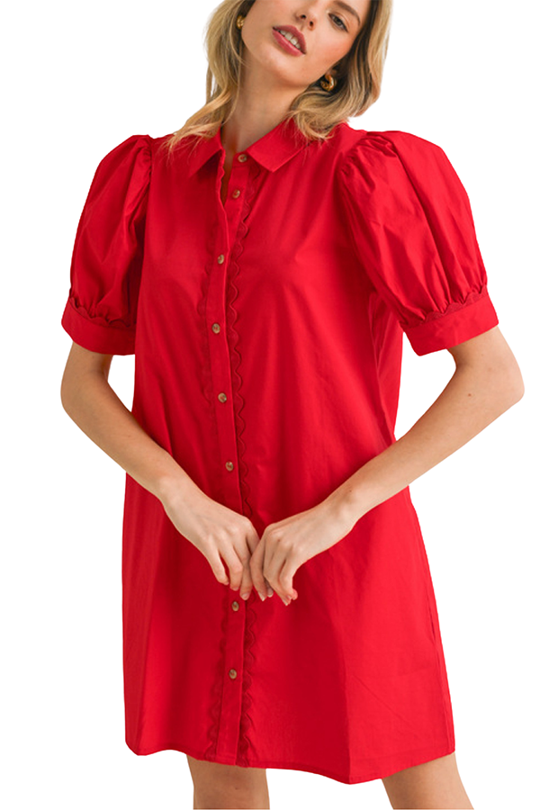 Puffed Short Sleeves Scallop Dress