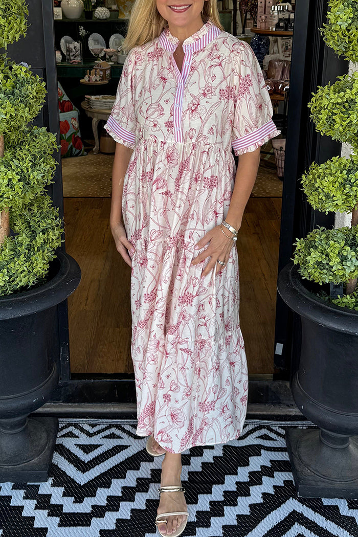 Contrast Collar Floral Short Sleeve Dress
