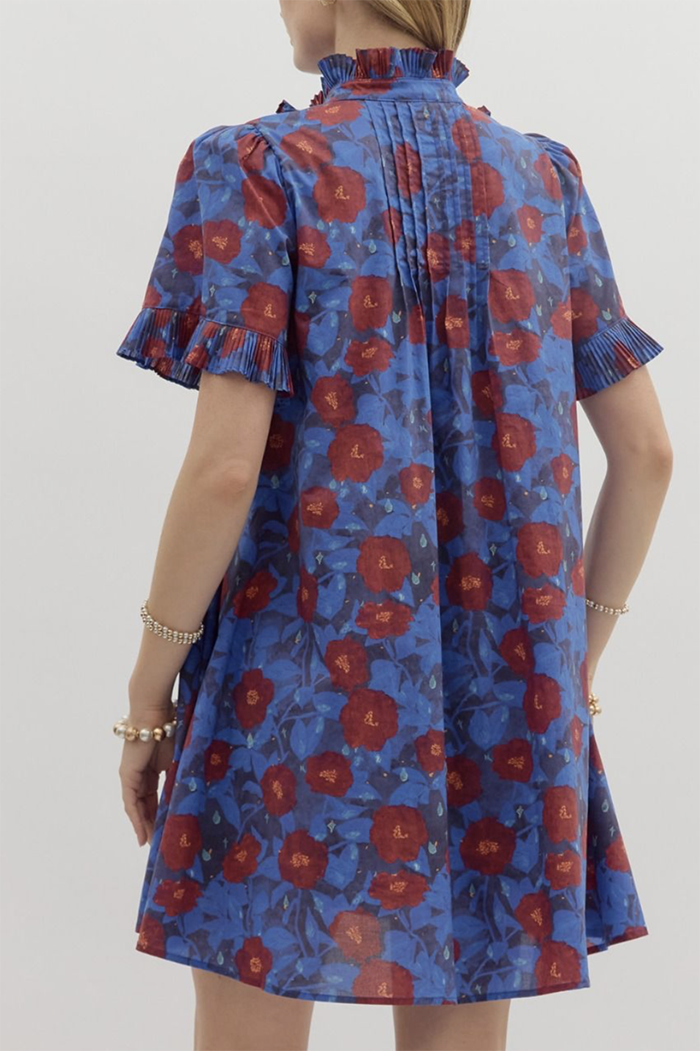 Floral Ruffled Short-Sleeve Pocket Tunic Dress