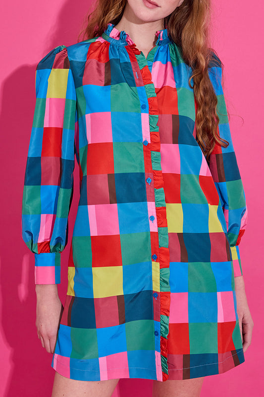 Puff-Sleeve Colorblock Pocket Dress