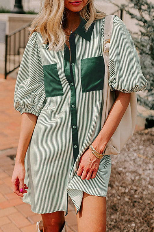 Patch Pockets Puff Sleeve Dress