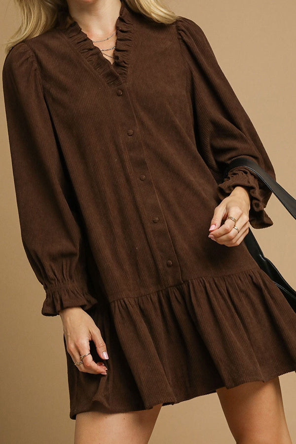 Corduroy Ruffle Trim Dress