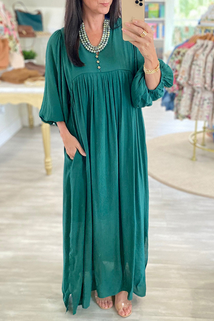 Bell Sleeve Side Slit Pocket Flowy Midi Dress