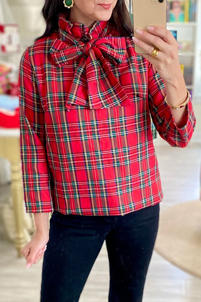 3/4 Sleeve Plaid Tie Sash Top