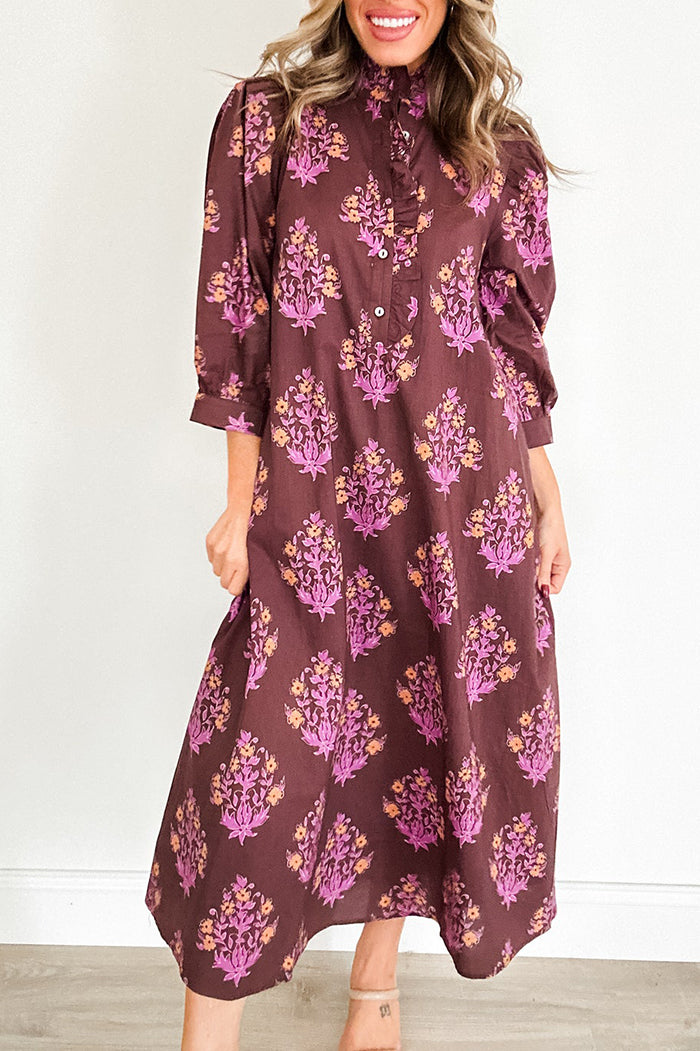 Floral Print Ruffled Collar Button Dress