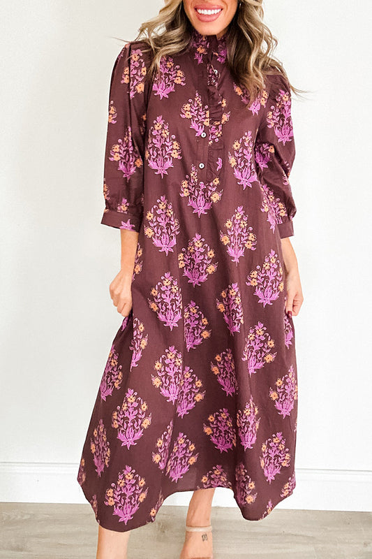 Floral Print Ruffled Collar Button Dress