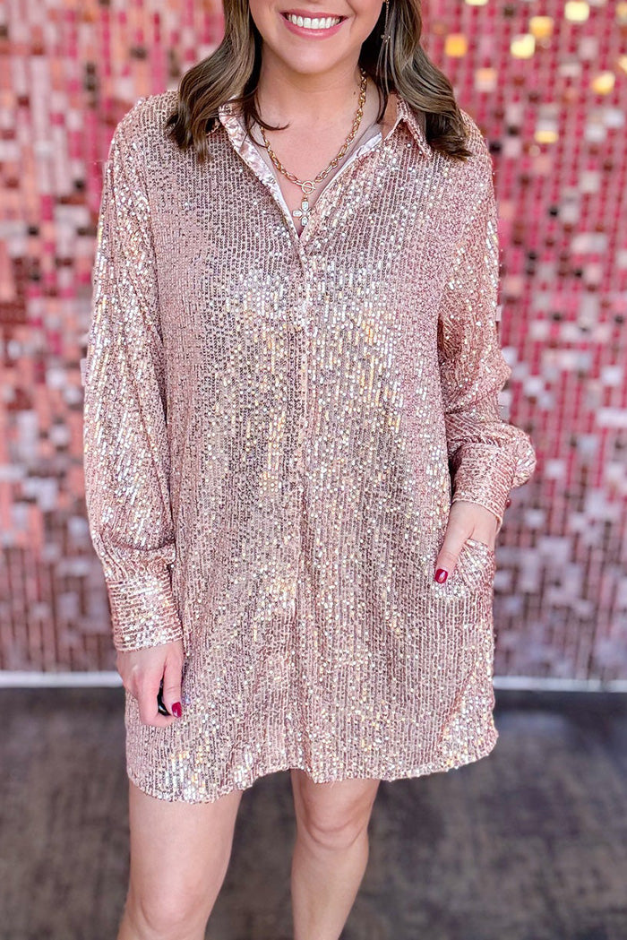 Sequin Pocket Collar Shirt Dress
