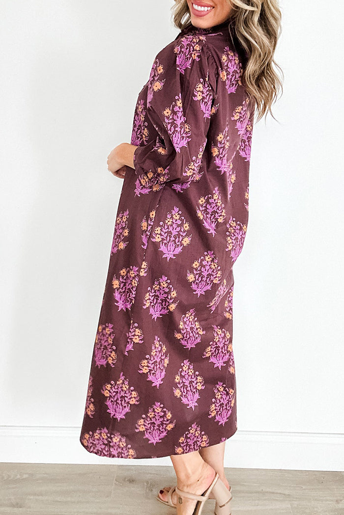 Floral Print Ruffled Collar Button Dress