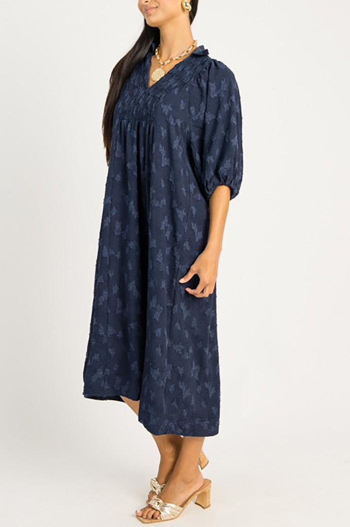 Tonal Texture Elastic Sleeve Dress