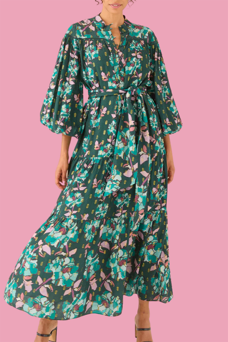 Voluminous Sleeves Optional Waist Tie Maxi Dress